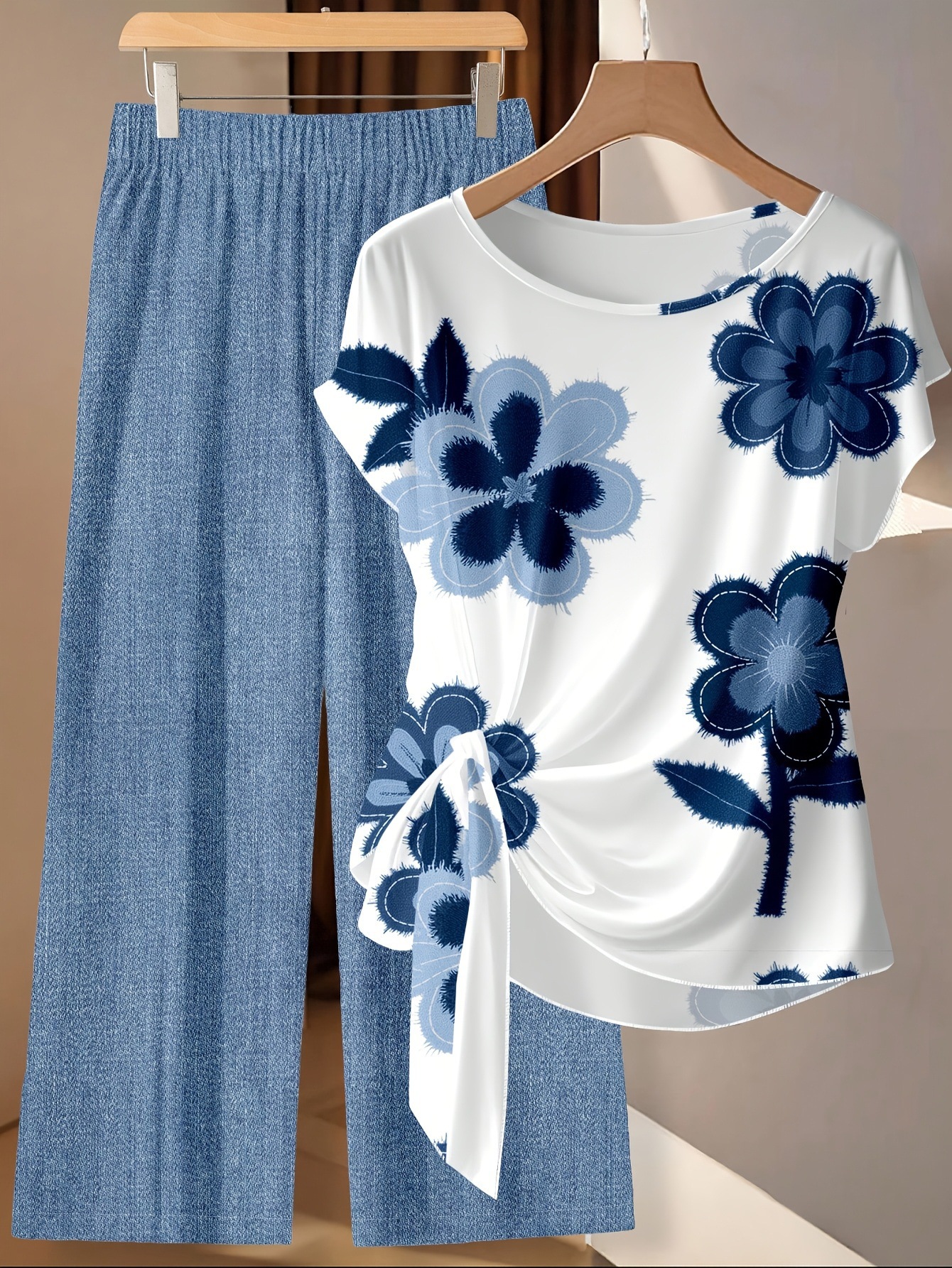 Floral Print Short Sleeve Top and Pants Set