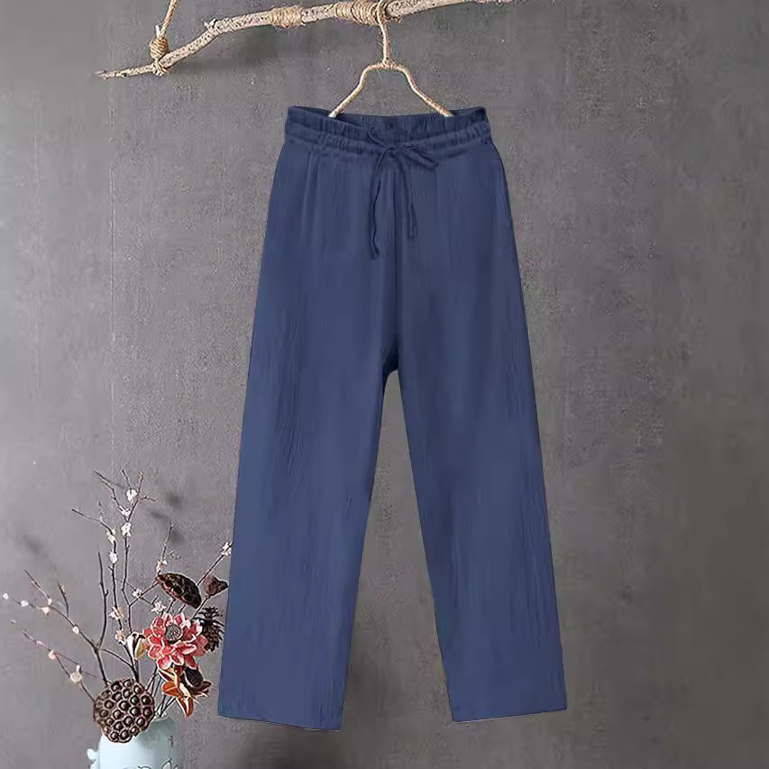 Women's Cotton Linen Wide Leg Pants Elastic Waist Solid Color Loose Fit