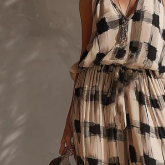 Retro Color Block Abstract Plaid Chiffon Top and Pants Set