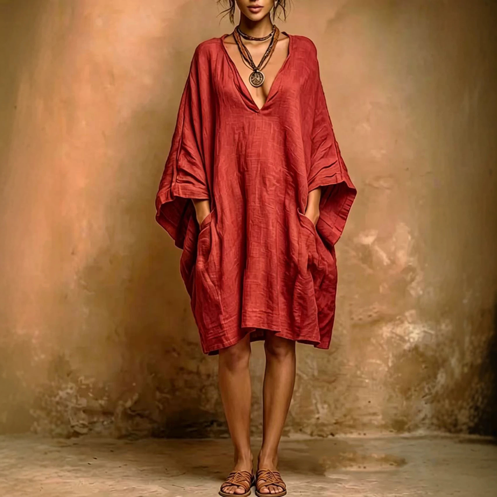 Casual Faux Cotton-Linen Batwing Sleeve Loose Dress