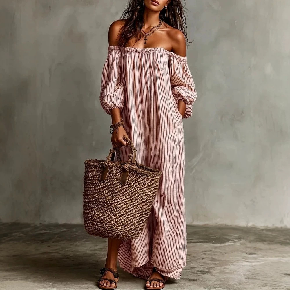 Striped Off-Shoulder Cotton-Linen Maxi Dress