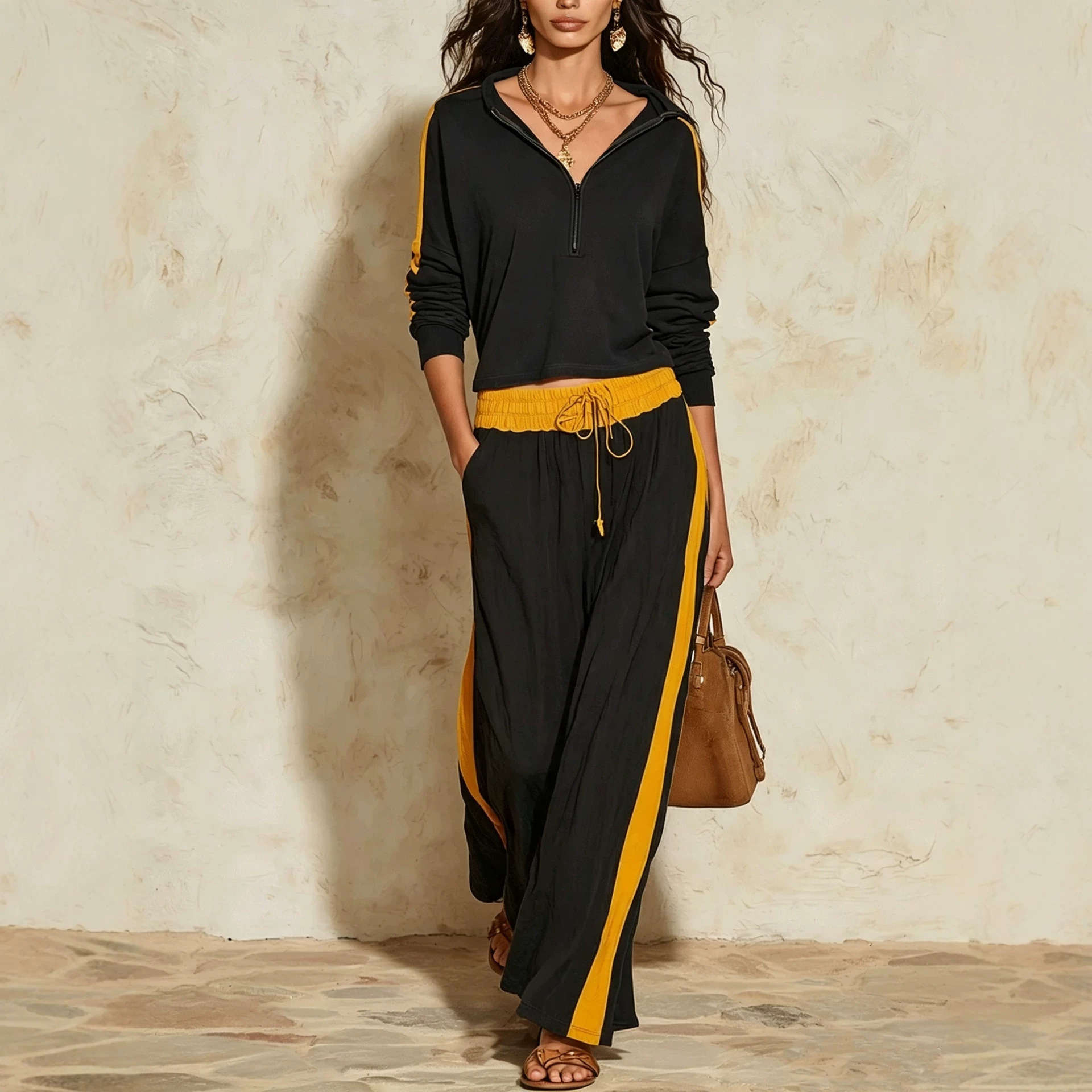 Color-Block Half-Zip Top & High-Waist Wide-Leg Pants Two-Piece Set