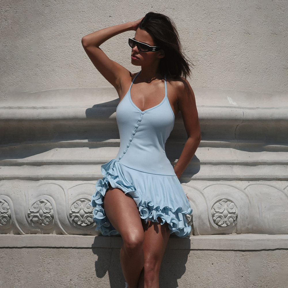 Women's Halter Ruffle Bodycon Mini Dress with Button Front