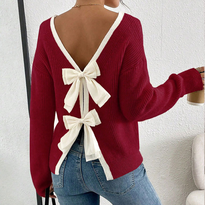 Women's Back Bow Crewneck Pullover Knit Sweater