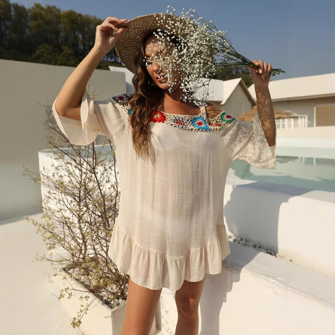 Hand-Crochet Spliced Cold-Shoulder Ruffle Beach Dress