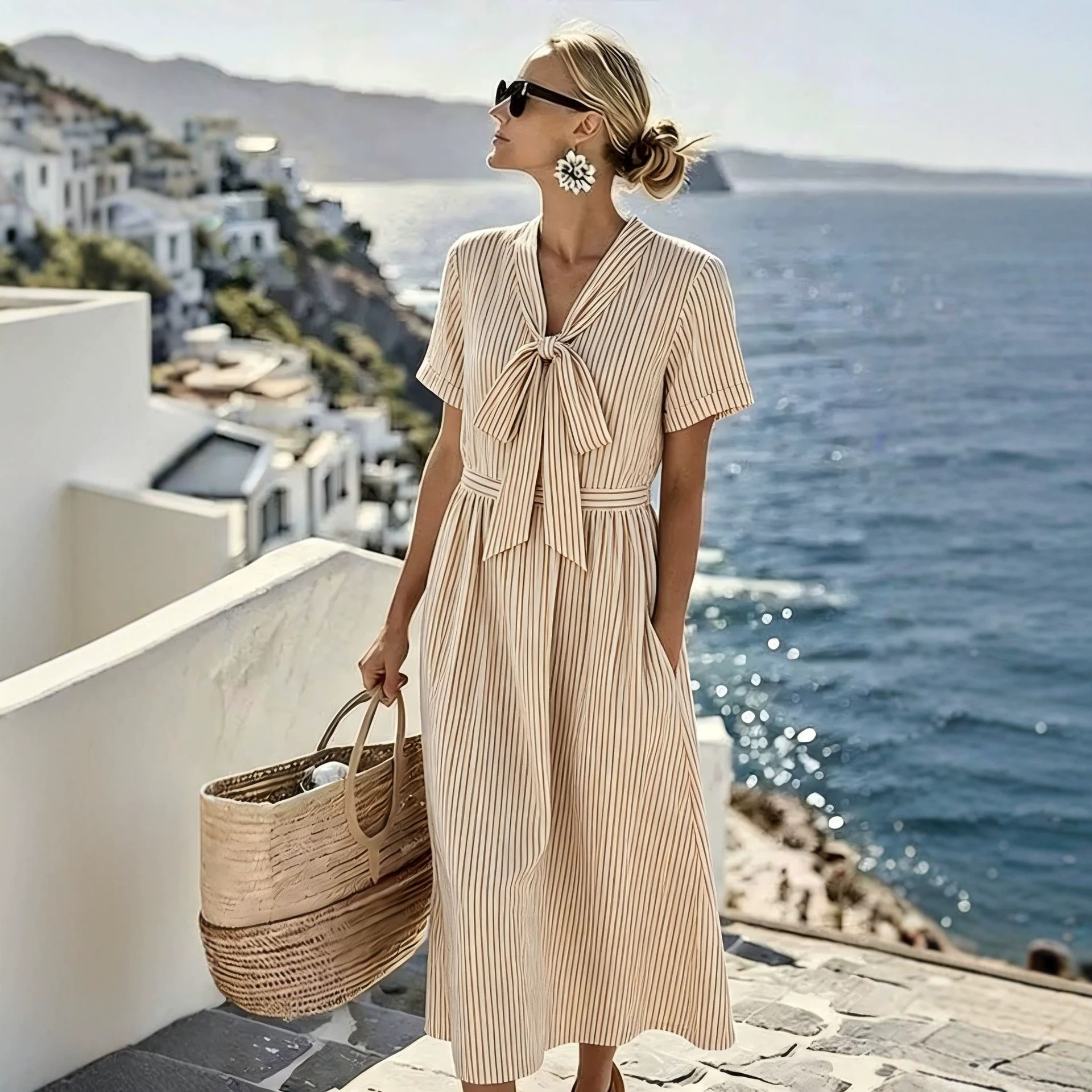 Women's Bow Casual Dress with Minimalist Print