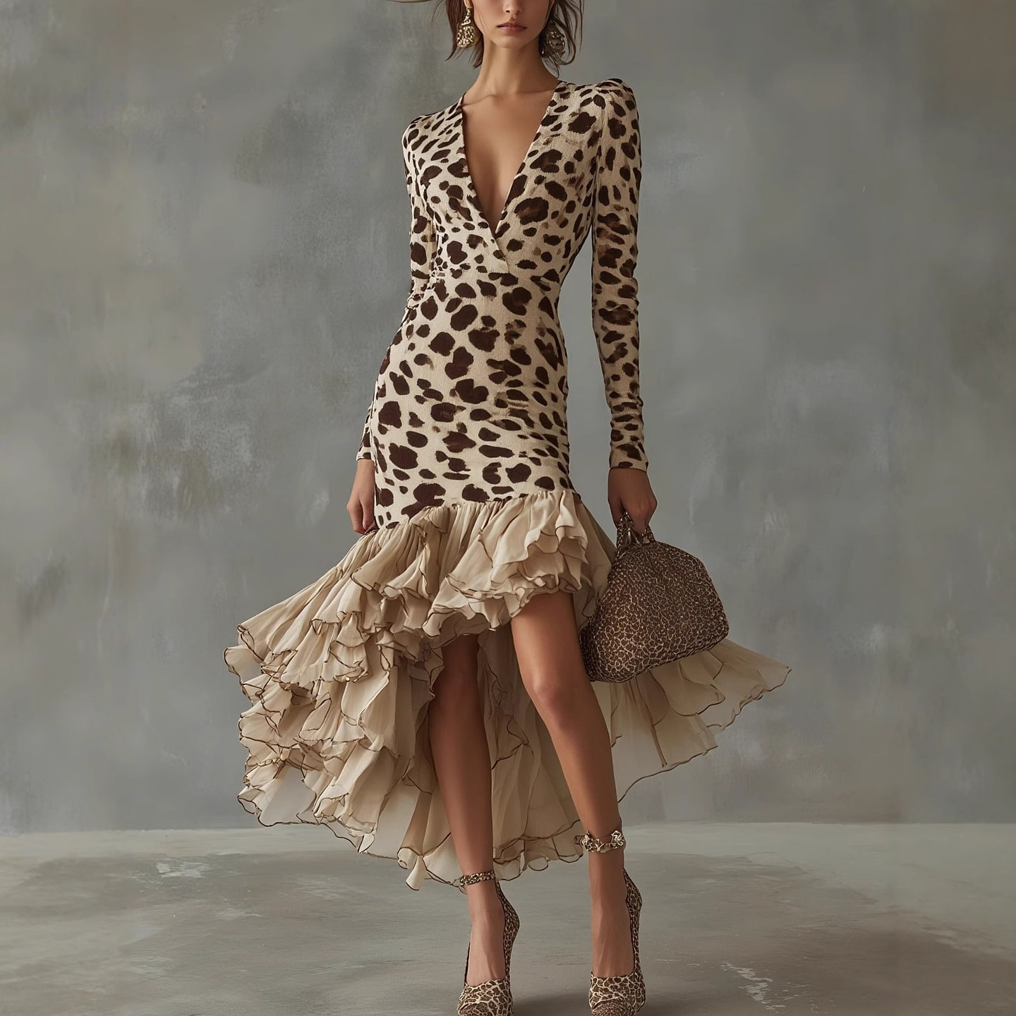 Long Sleeve V-Neck Stone Print Mesh Panel Dress