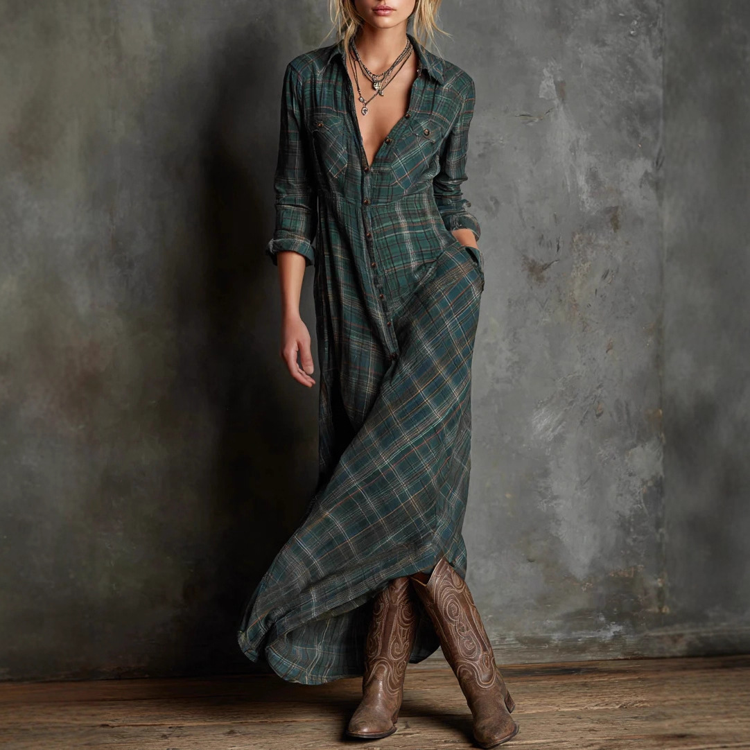 Elegant Long Sleeve Plaid Shirt Dress with Collar