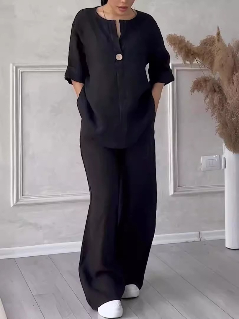Women's Cotton-Linen Loose Top & Wide-Leg Pants Casual Set