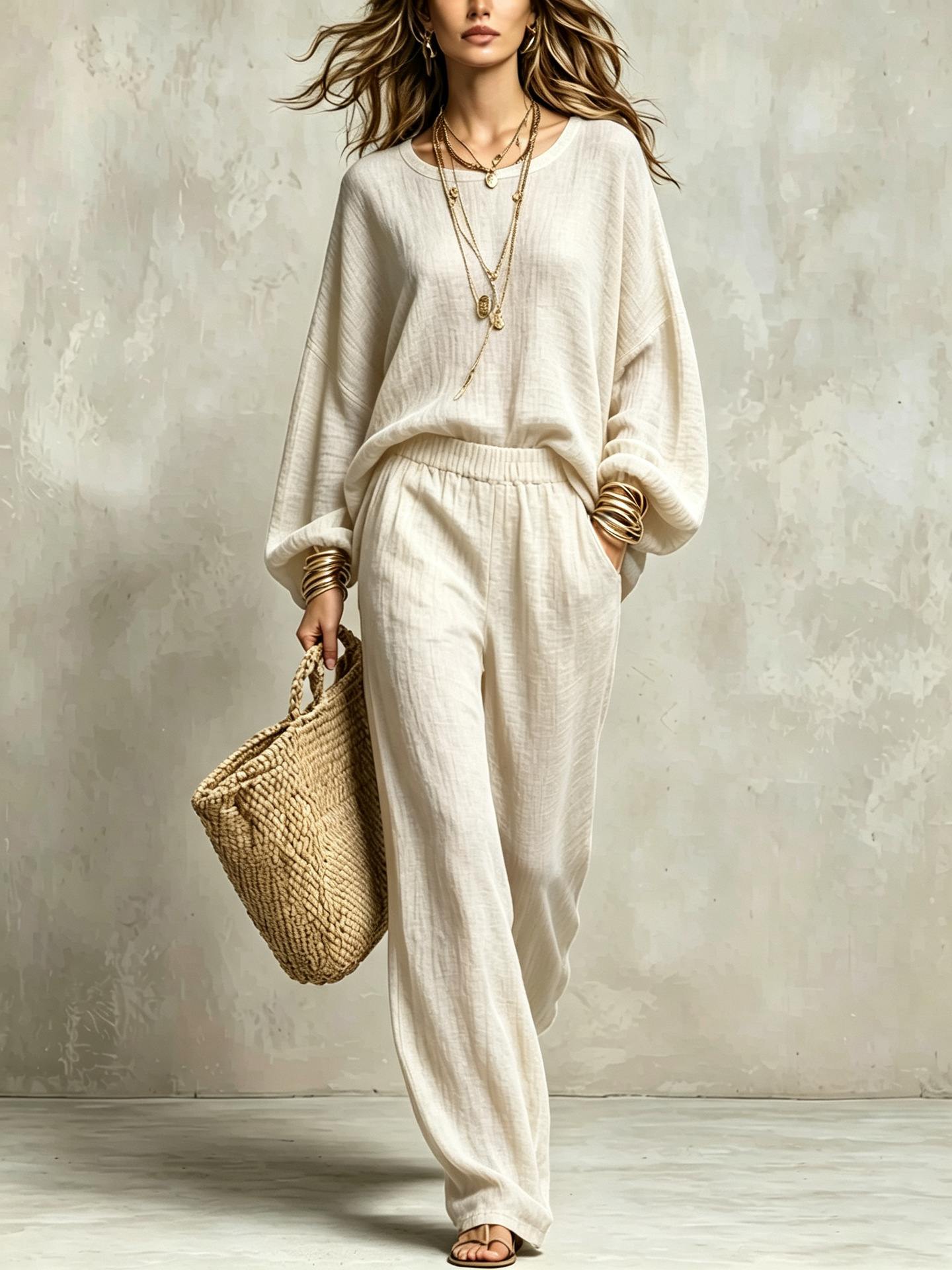 Double-Layer Crinkled Linen Two-Piece Set with Loose Sleeves and High-Waist Wide-Leg Pants