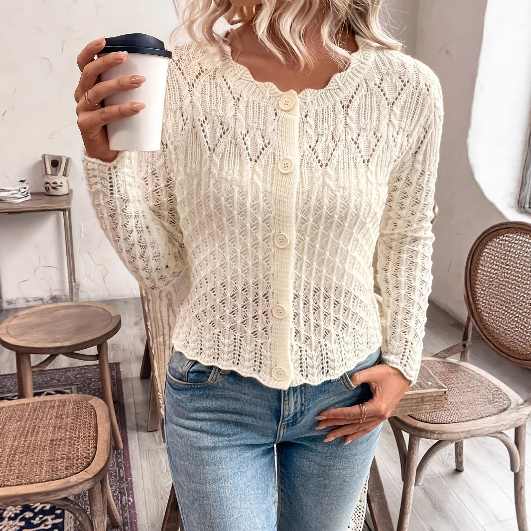 Women's Open-Knit Button-Front Cardigan with Round Neck