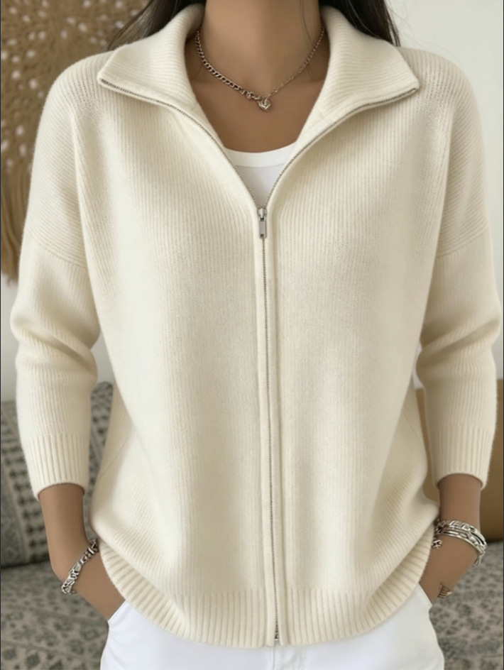 Women's Zip-Up Knit Cardigan Sweater with Collar, Solid Color Casual