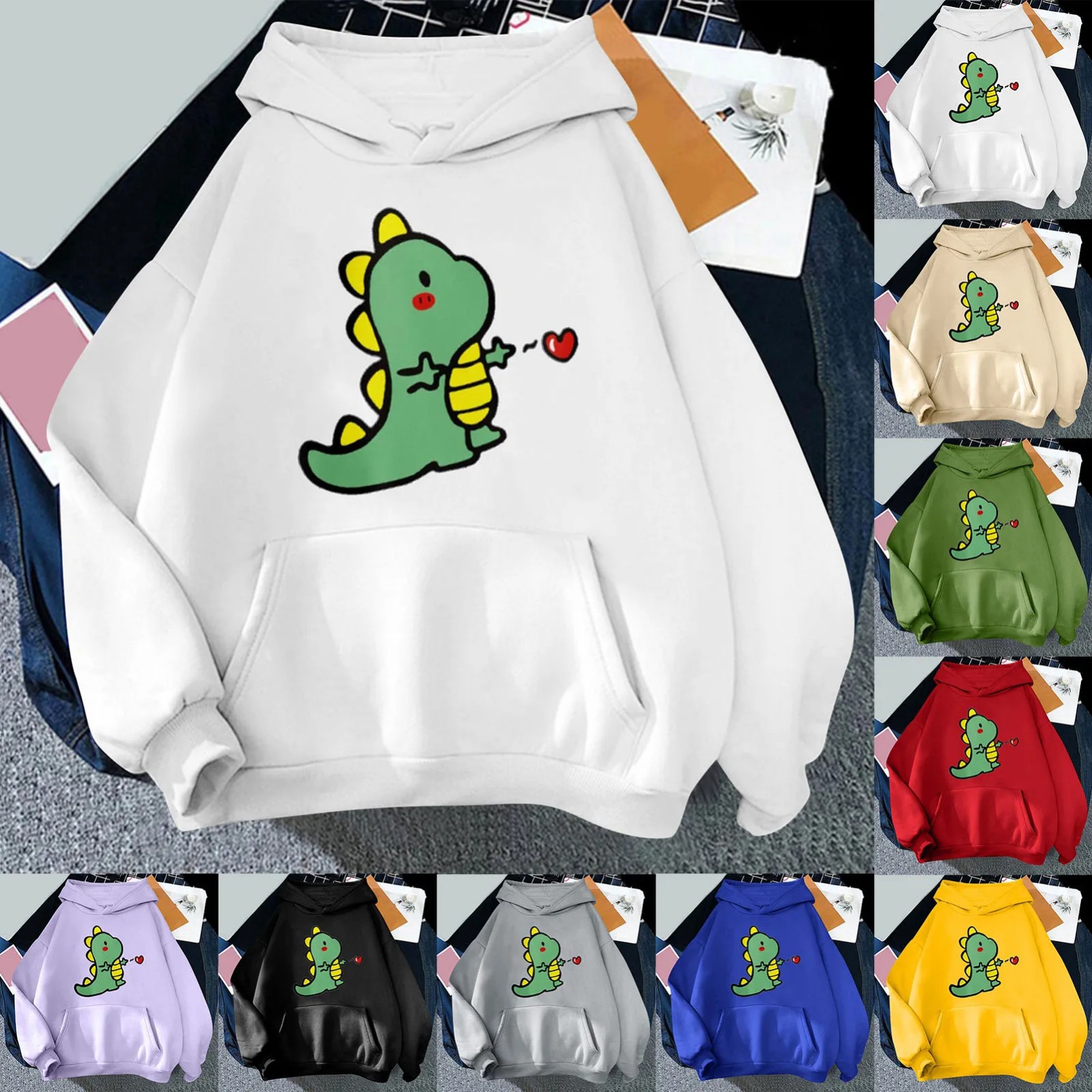 Women's Cartoon Dinosaur Heart Print Hoodie