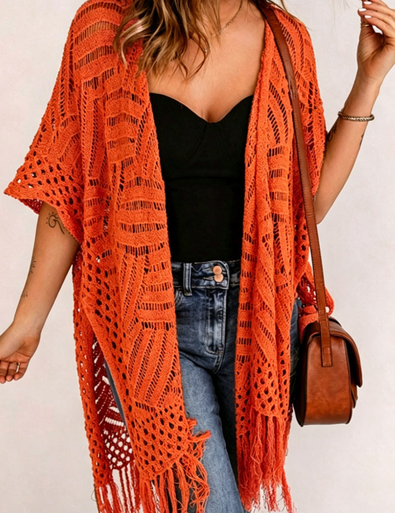Plus Size Sheer Fringe Knit Bikini Cover-Up Beach Cardigan