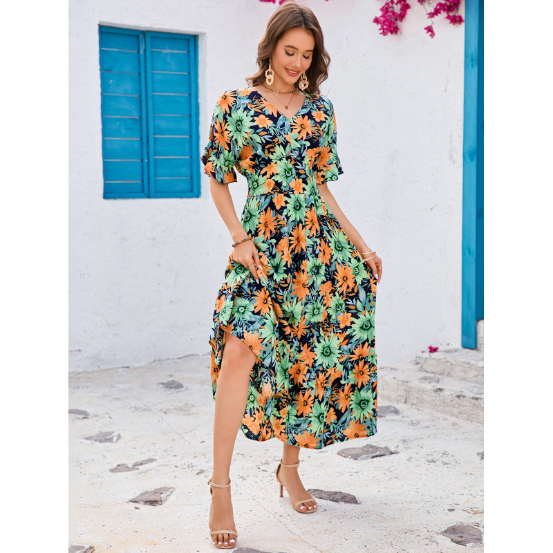 Boho Floral Print V-Neck Batwing Sleeve Ruffle Tiered Maxi Dress