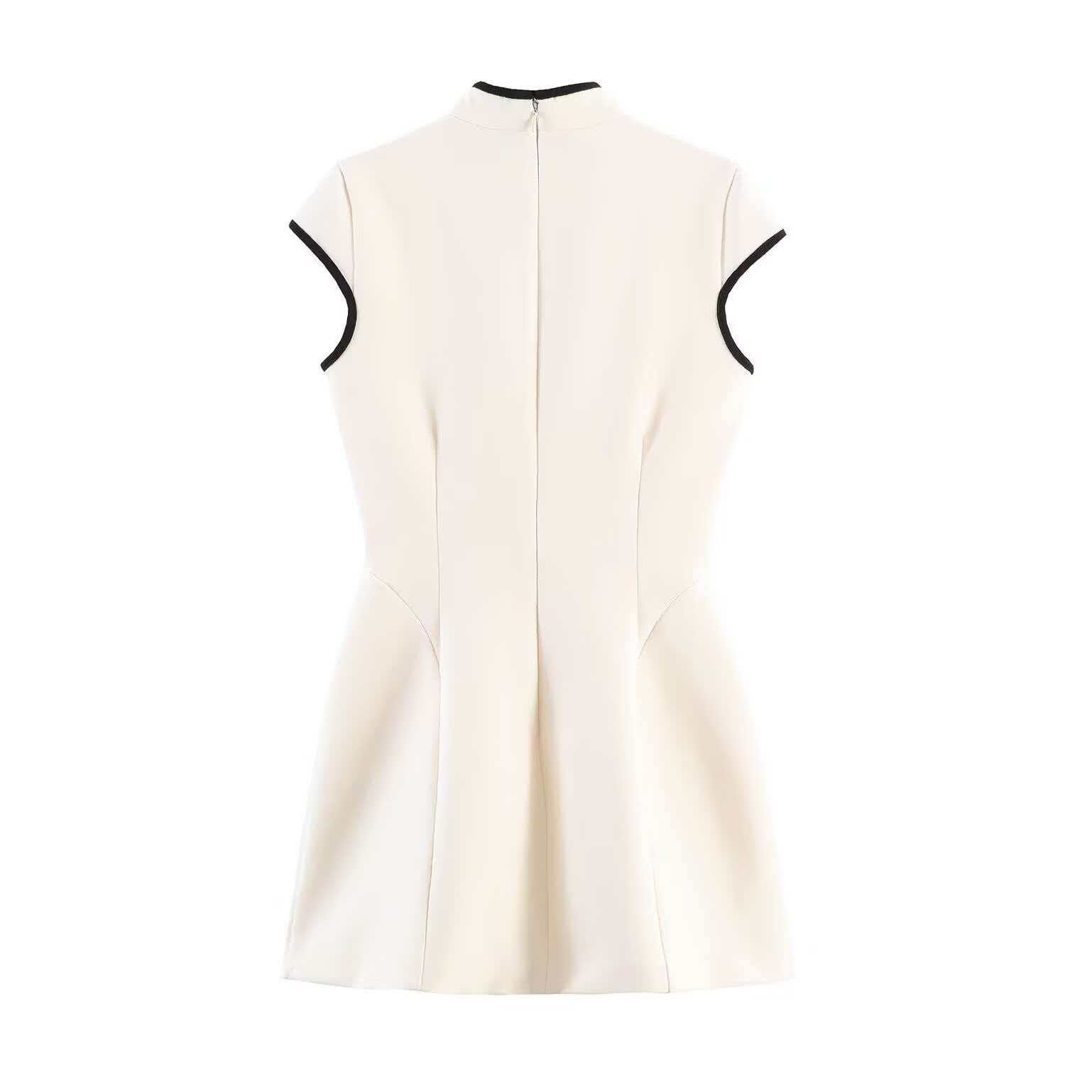 Women's Summer Colorblock Trim Stand Collar Waist-Cinched Dress