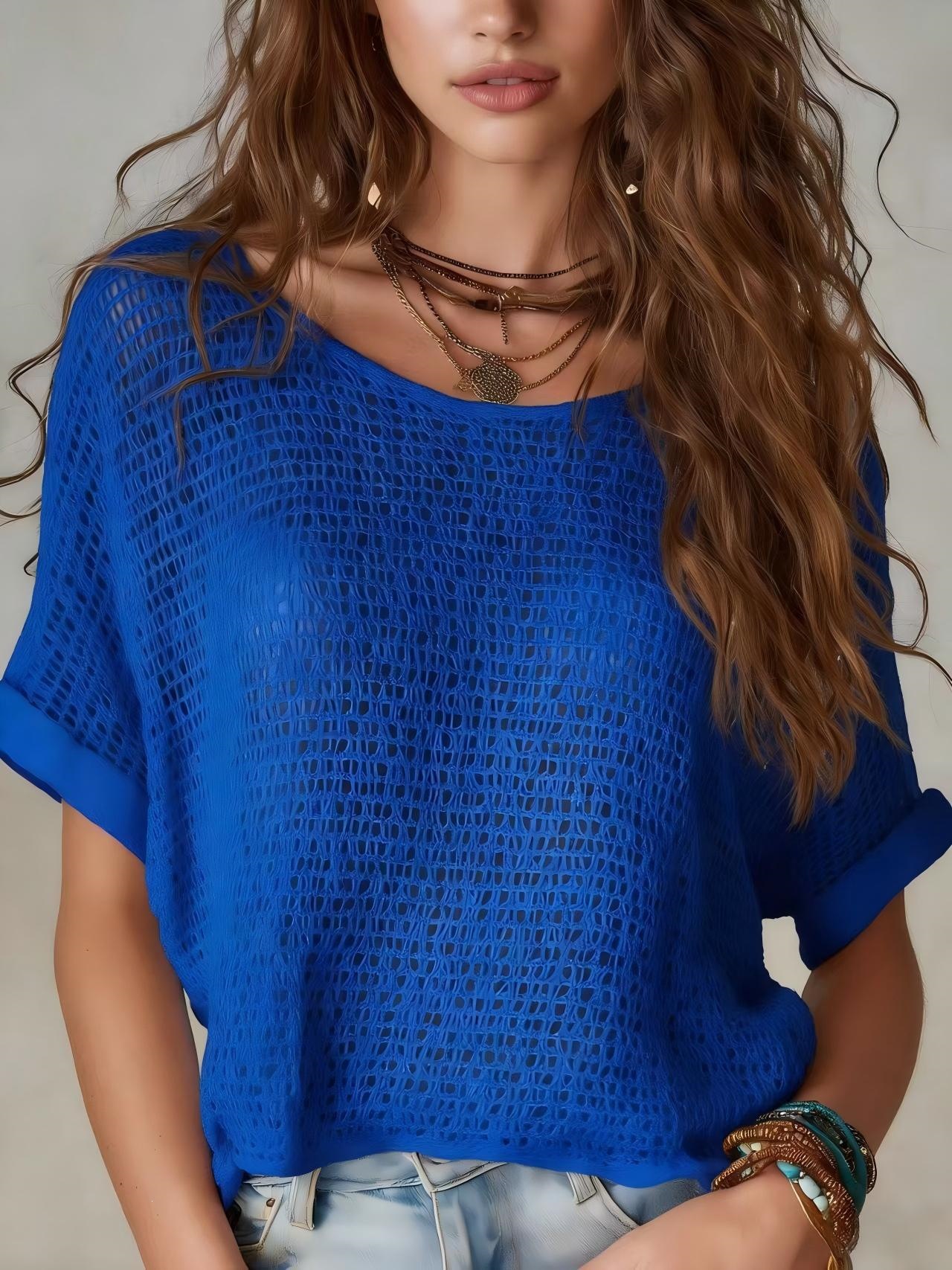 Women's Boho Crochet Knit Short Sleeve Sweater