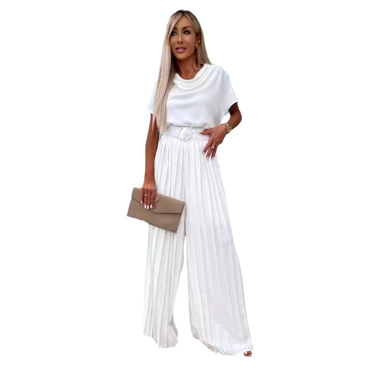 Women's Loose Wide-Leg Pleated Jumpsuit with Belt Solid Color