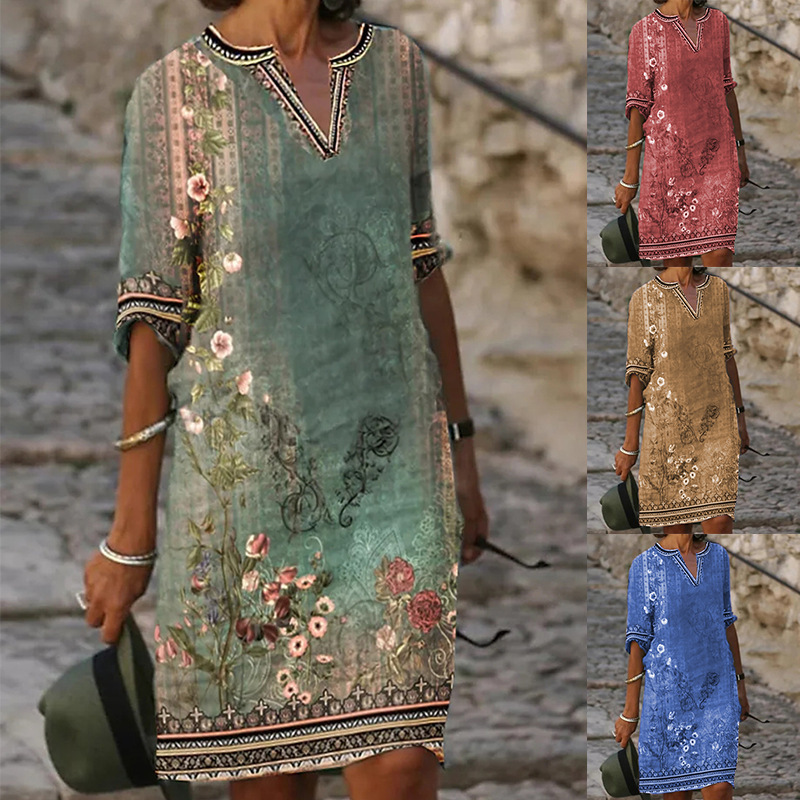Bohemian Floral Print V-Neck Short Sleeve Midi Dress