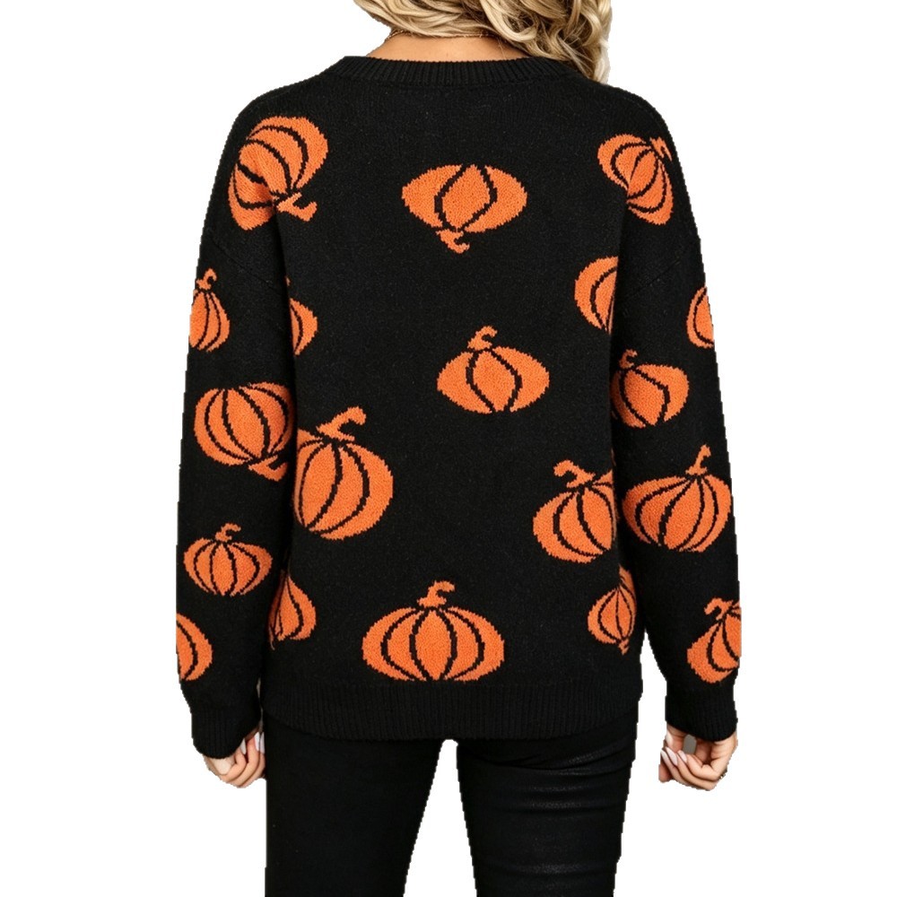Halloween Pumpkin Graphic Crewneck Knit Sweater Plus Size Long Sleeve Pullover