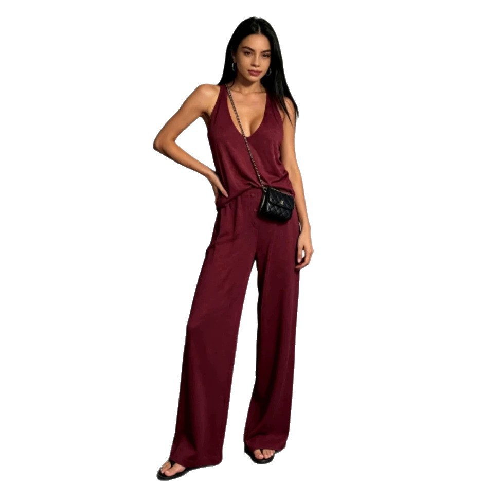 Women's Sleeveless Top and Straight-Leg Pants Two-Piece Set Solid Color