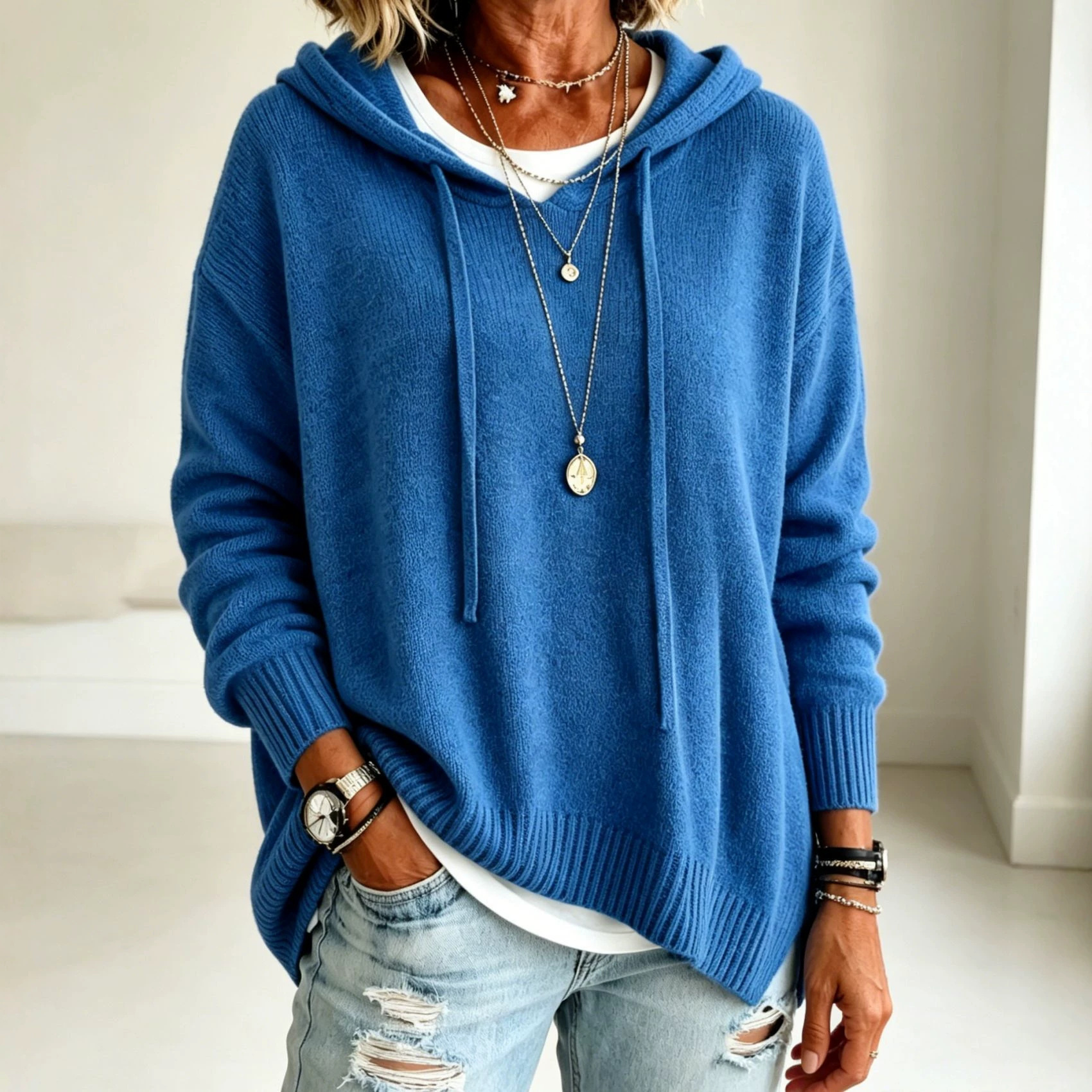 Women's Knit Hooded Drawstring Pullover Sweater Loose Long Sleeve