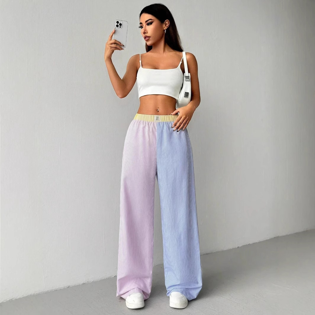 Striped Print Elastic Color-Block Waist Wide-Leg Pants
