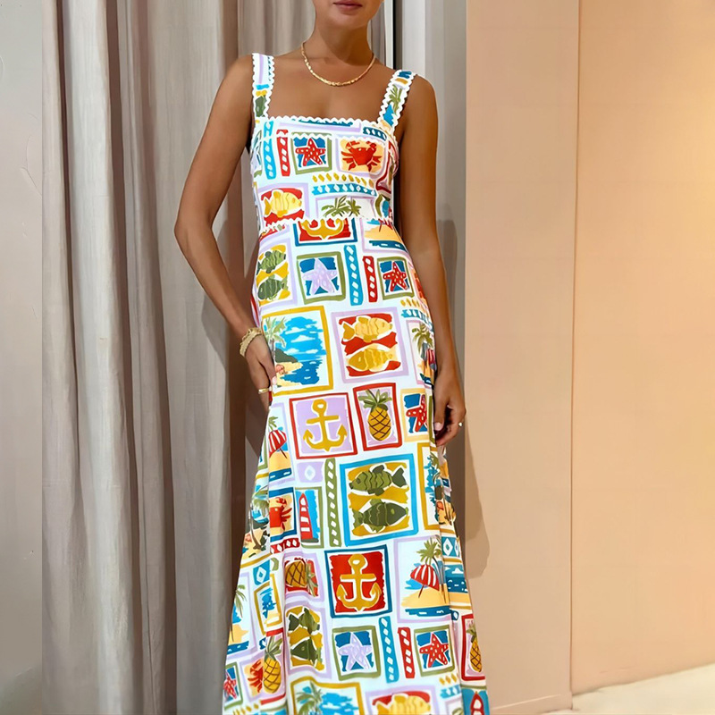 Women's Graffiti Print Sleeveless Maxi Dress Square Neck