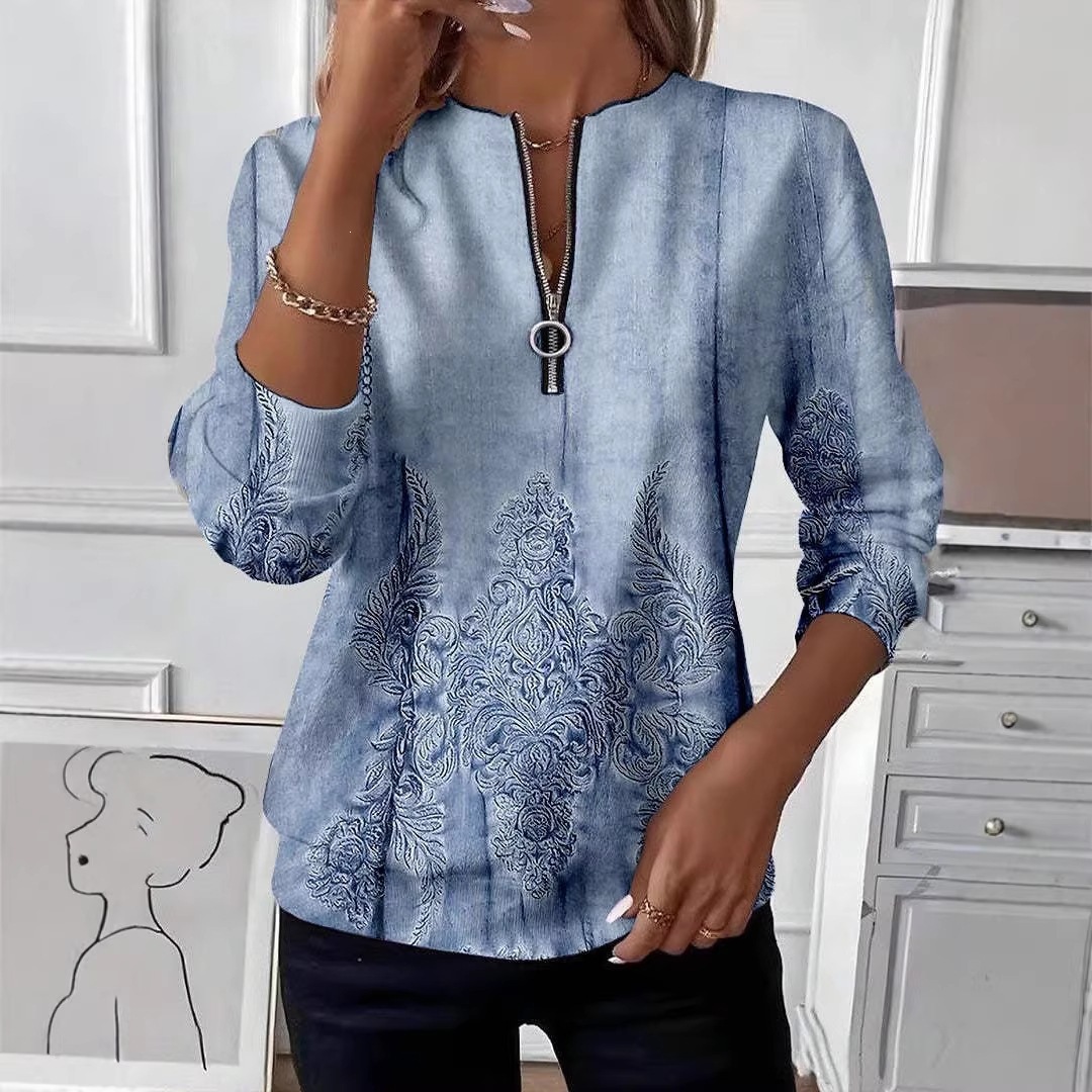 Women's Boho Print Long Sleeve Zip-Up Sweatshirt Casual Top