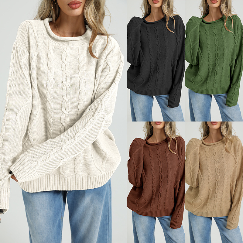 Women's Cable-Knit Crewneck Long-Sleeve Pullover Sweater
