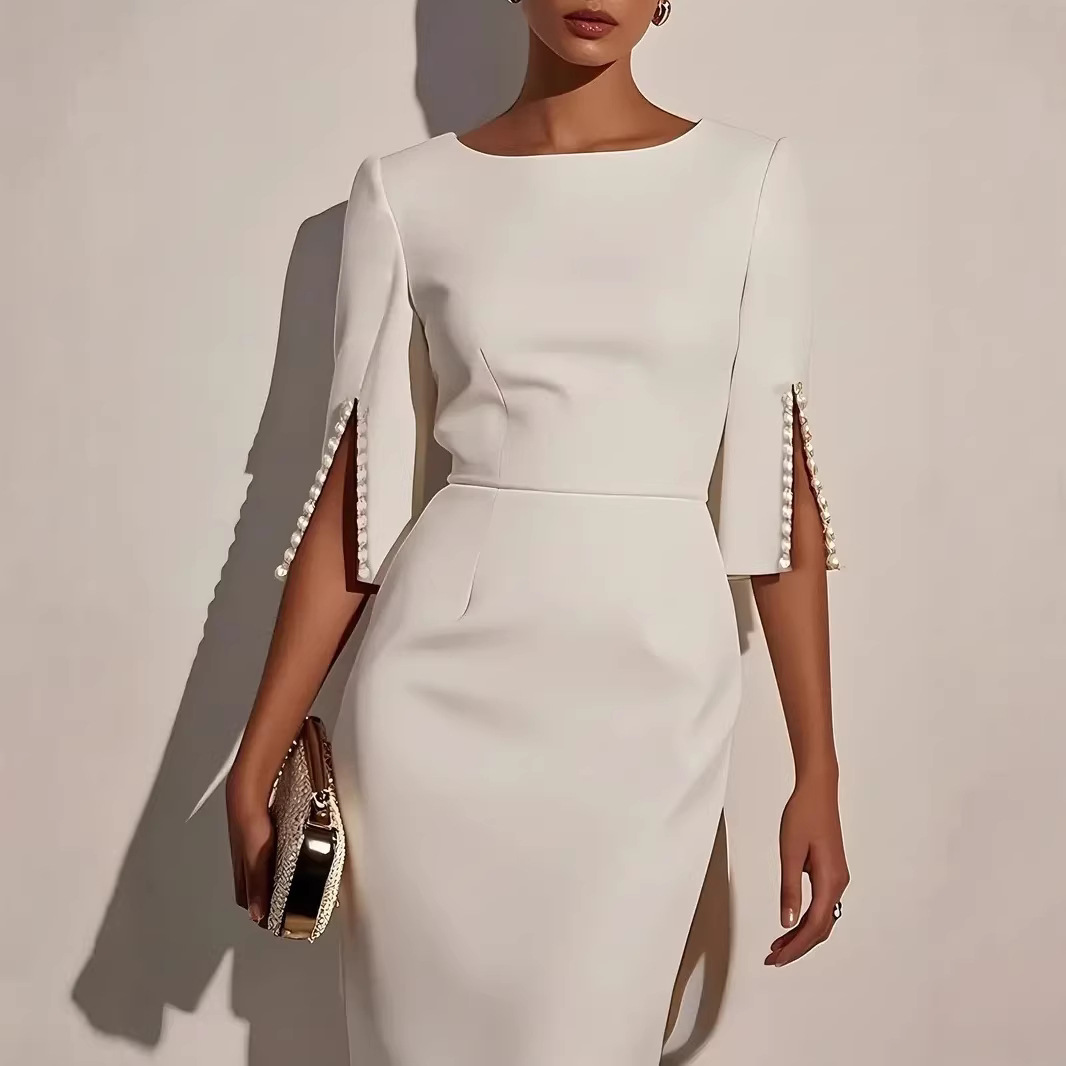 Solid Beaded Slim Fit Midi Dress