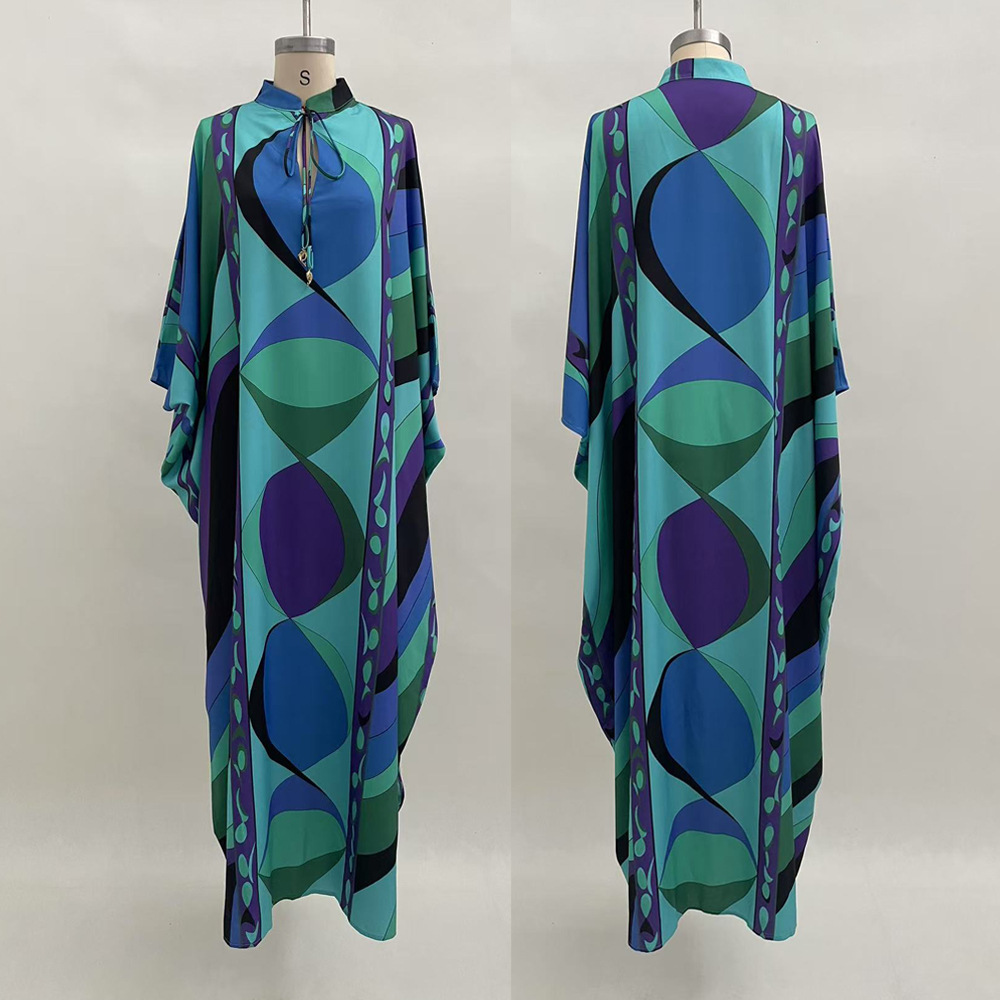 Women's Round Neck Tie-Front Printed A-Line Midi Dress