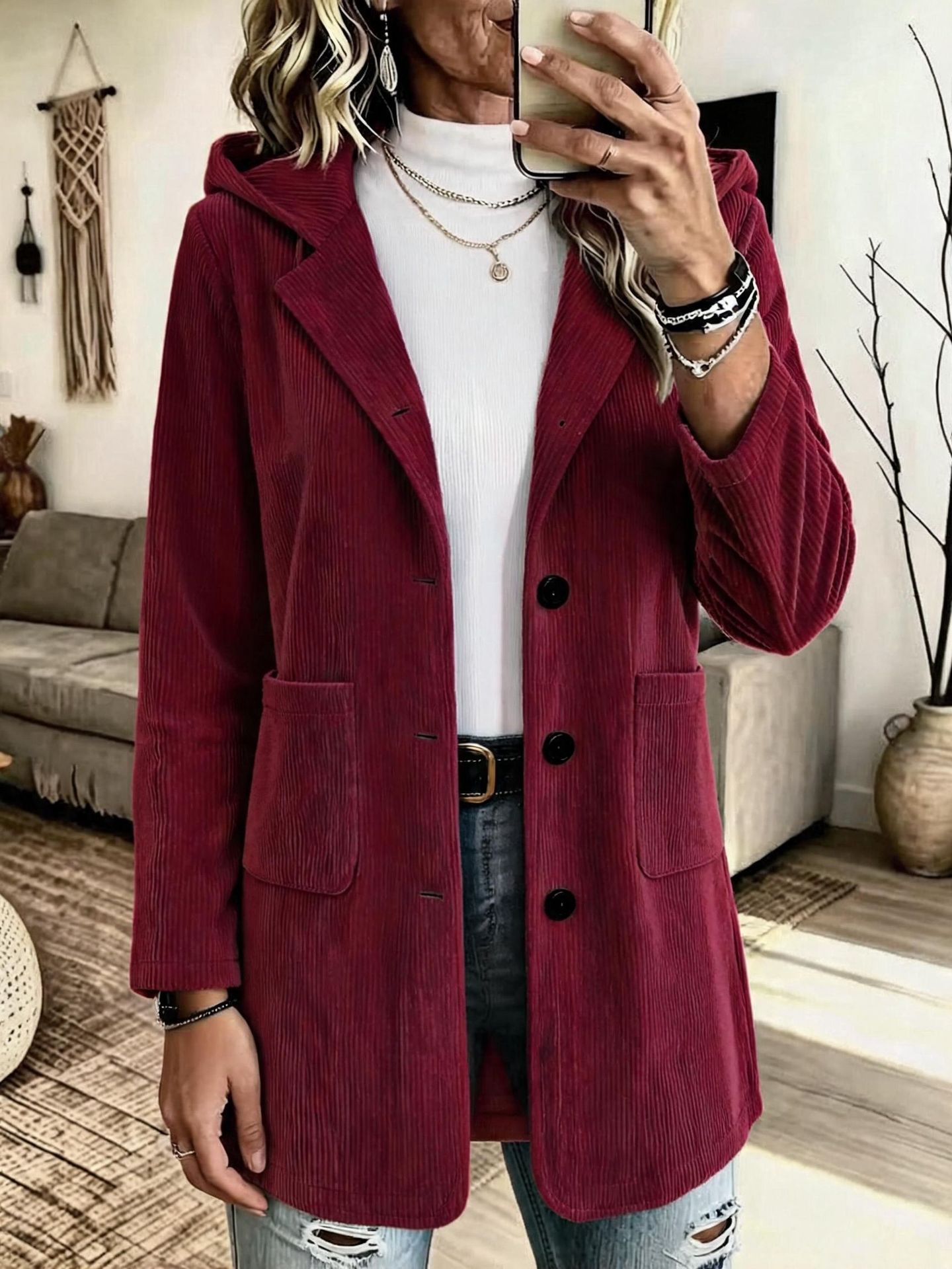 Women's Hooded Corduroy Mid-Length Loose Casual Jacket