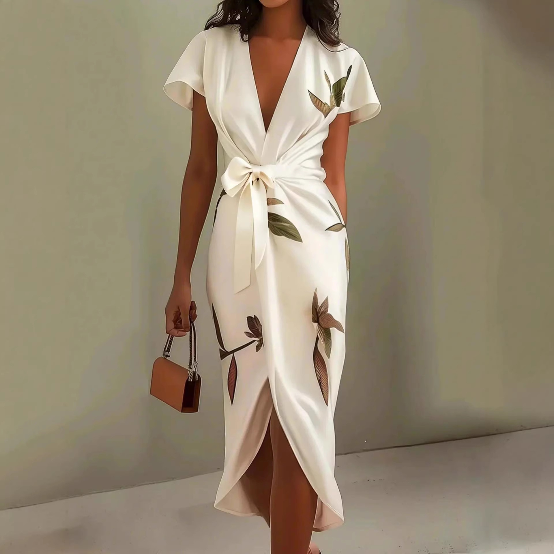 Women's Deep V-Neck Short Sleeve Tie-Front Digital Print Midi Dress