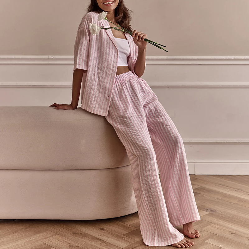 Striped Long-Sleeve Cardigan Two-Piece Loungewear Set