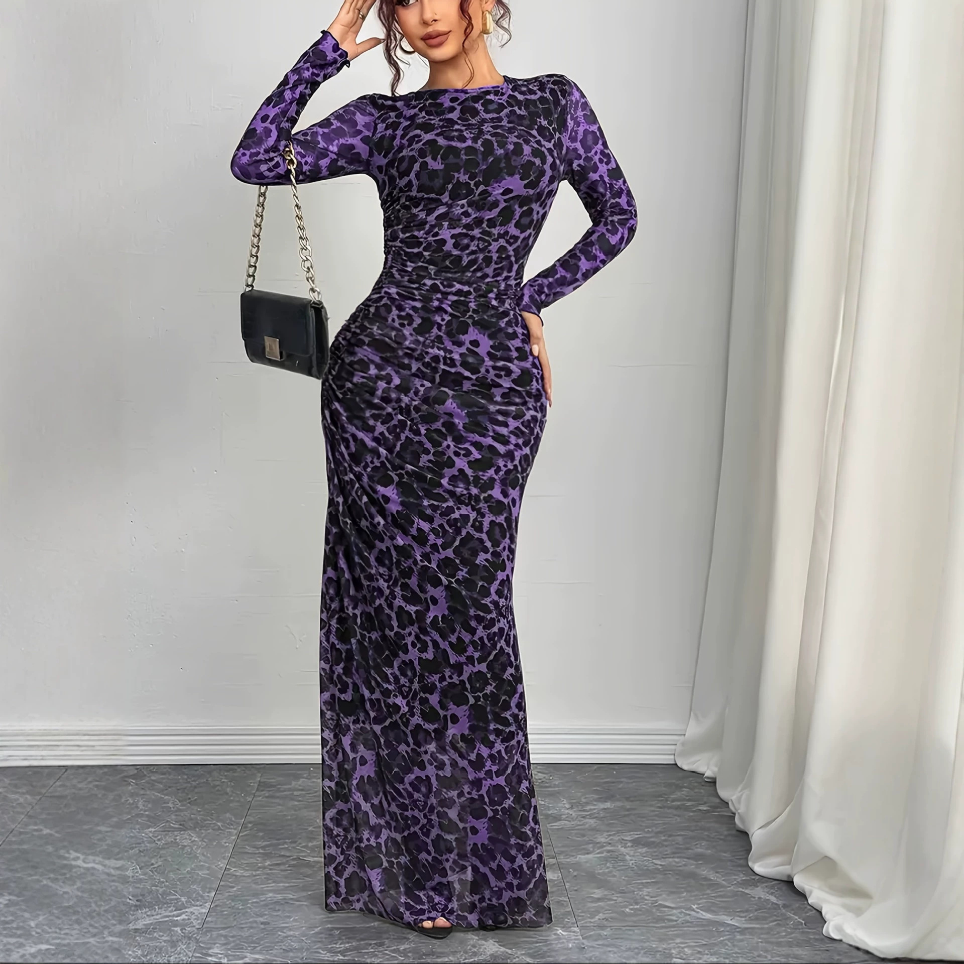 Women's Elegant Leopard Print Mesh Bodycon Long Sleeve Dress