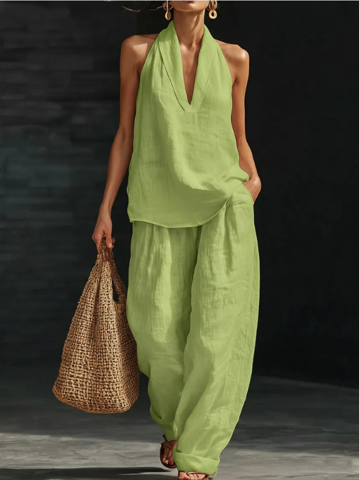 French-Style Halter V-Neck Open-Back Top & Wide-Leg Pants Set