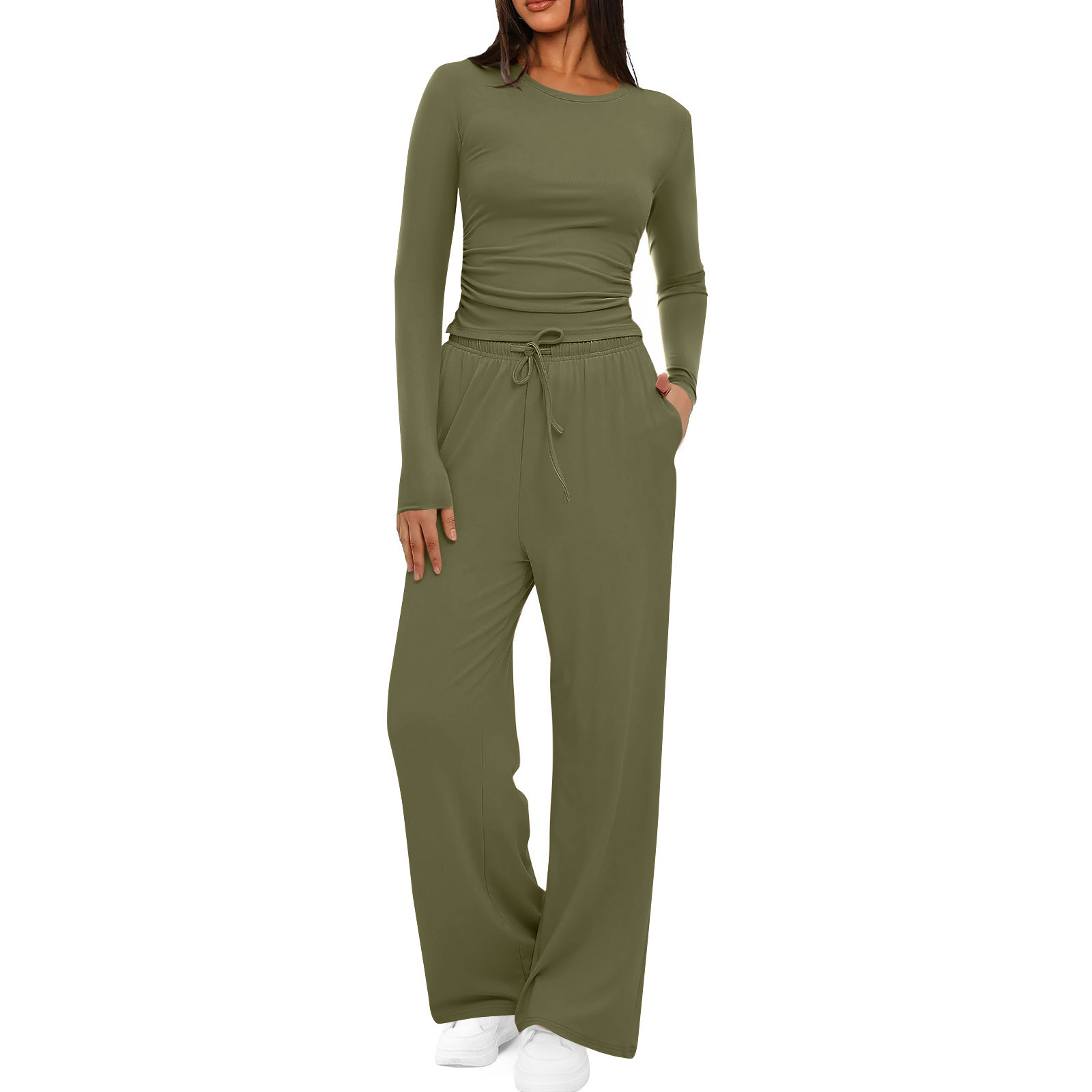 Solid Color Ruched Waist Long Sleeve Top and Pants Set