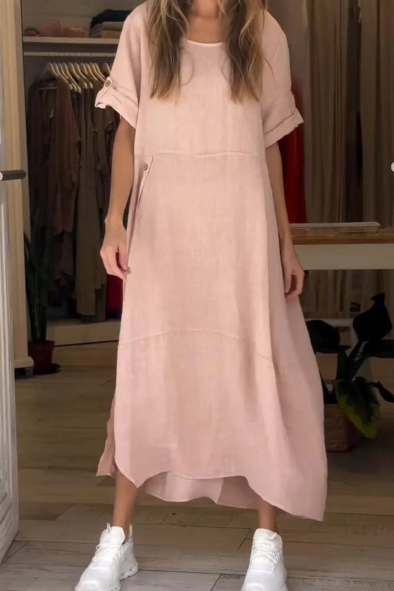 Women's Summer Loose Casual Solid Short Sleeve Cotton Linen Dress