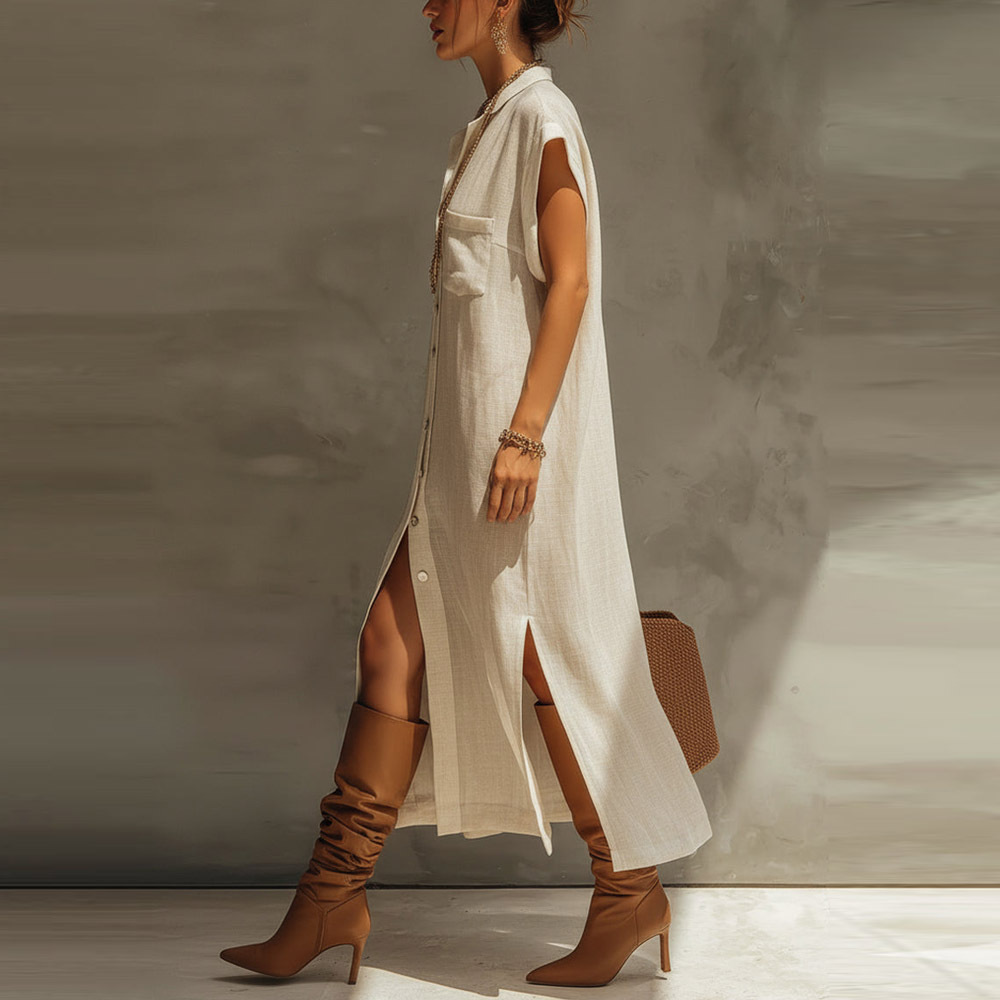 Women's Summer Cardigan Shirt Dress Solid Color Loose Split Casual Midi Dress