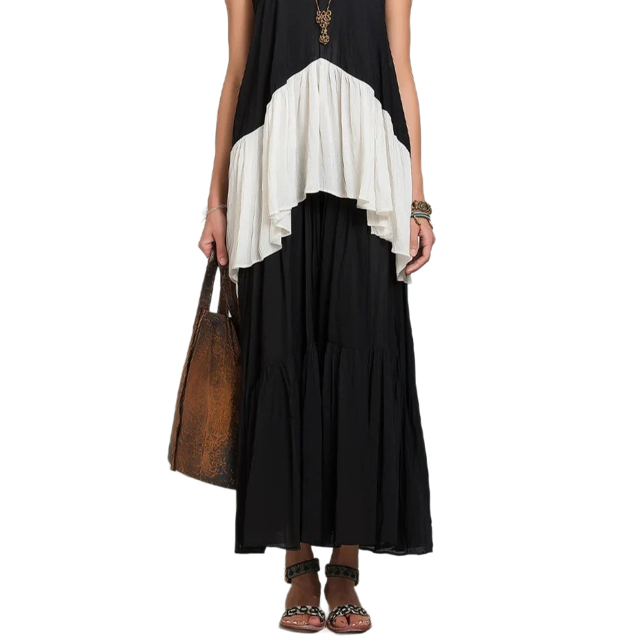 Retro Color-Block V-Neck Sleeveless Top and Flared Maxi Skirt Two-Piece Set