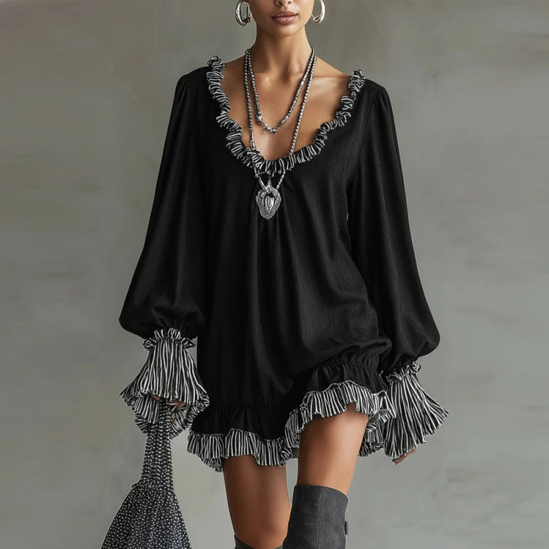 Black Ruffle-Trim A-Line Mini Dress