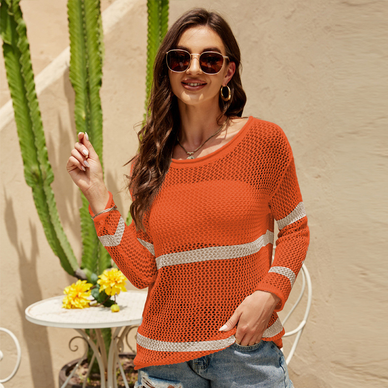 Women's Lightweight Striped Hollow-Out Knit Top Long Sleeve Crew Neck Relaxed Fit