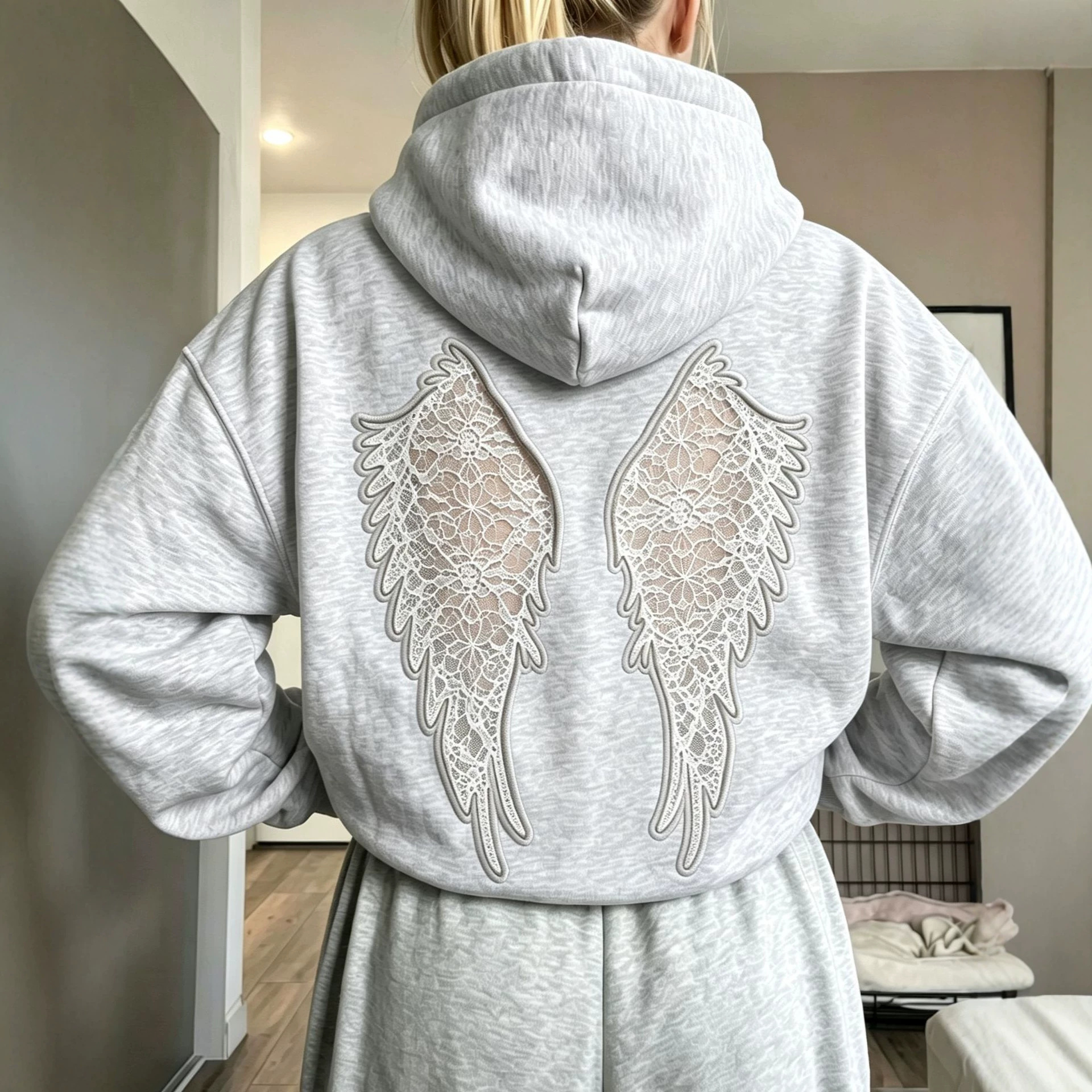 Women's Casual Hooded Cutout Embroidered Wing Long-Sleeve Sweatshirt