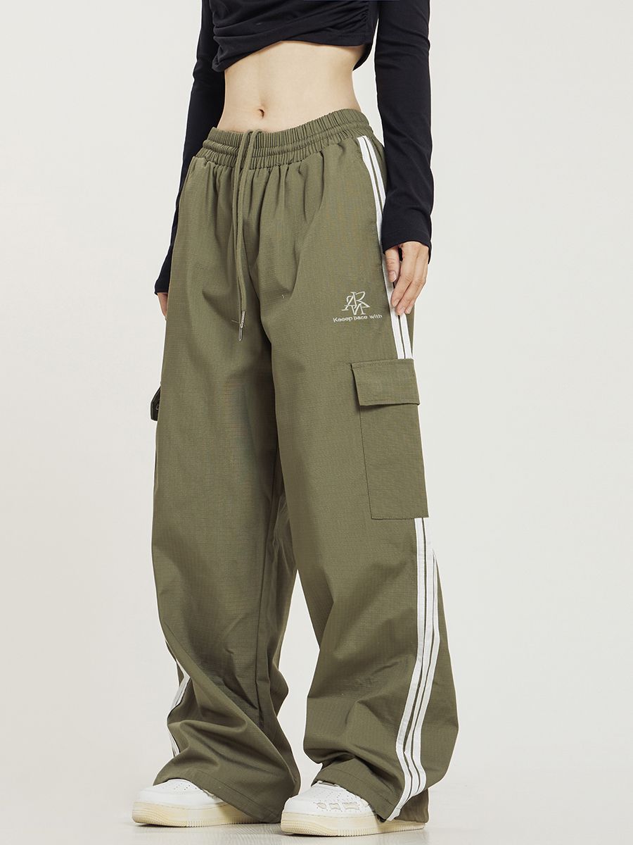 American Retro Side-Stripe Cargo Pants Unisex Straight-Leg Three-Stripe Loose Wide-Leg High-Street Track Pants