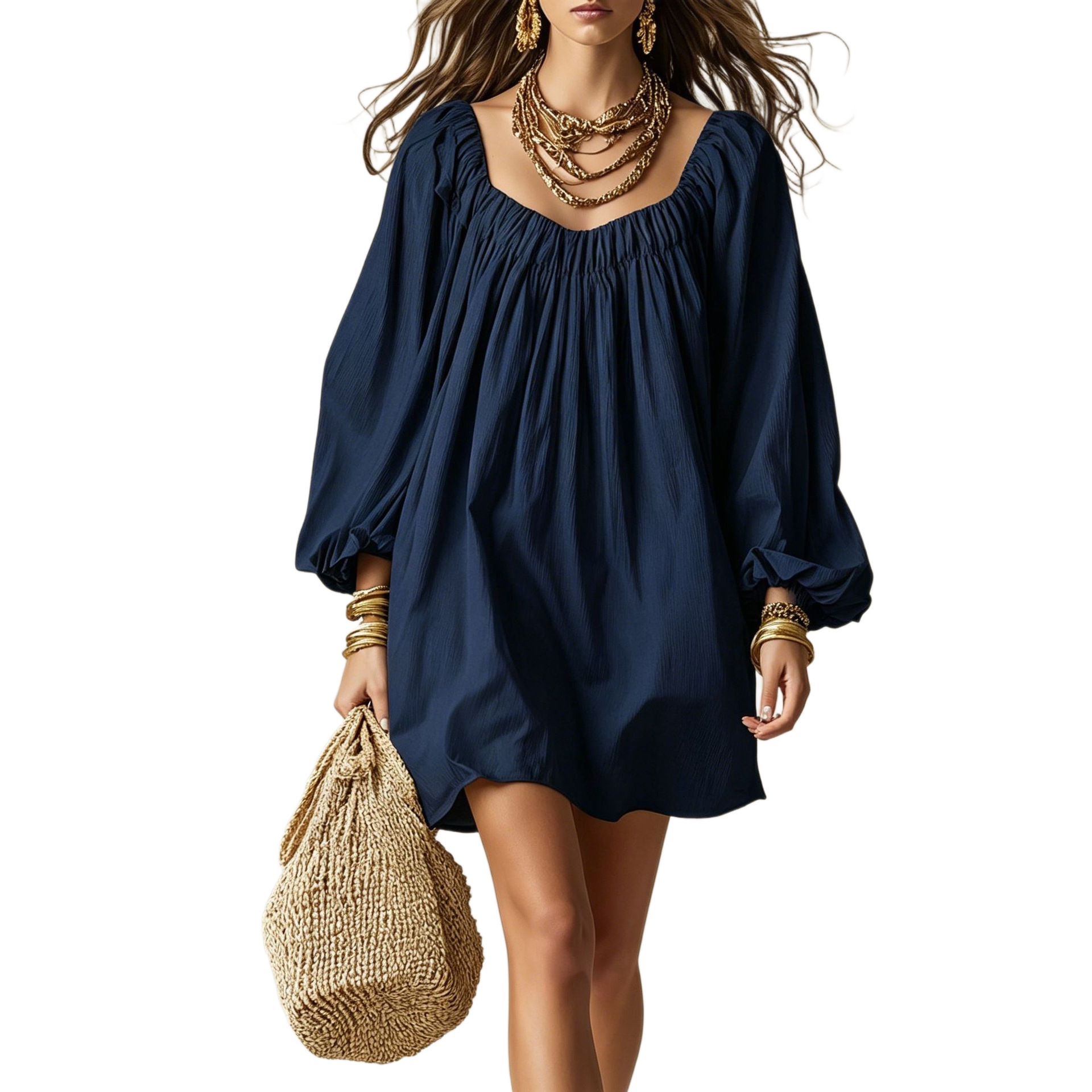 Boho Square Neck Lantern Sleeve A-Line Short Dress