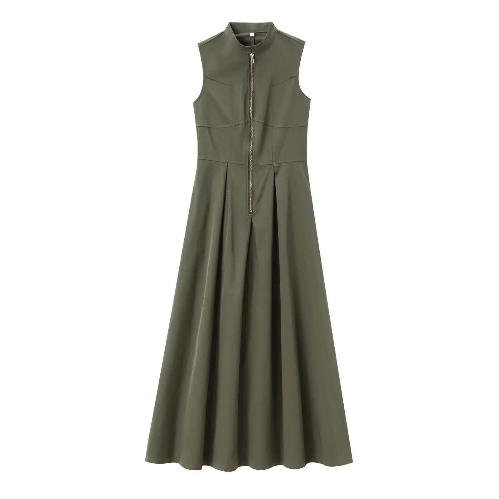Women's Sleeveless Front Zip Midi Dress Solid Slim Fit