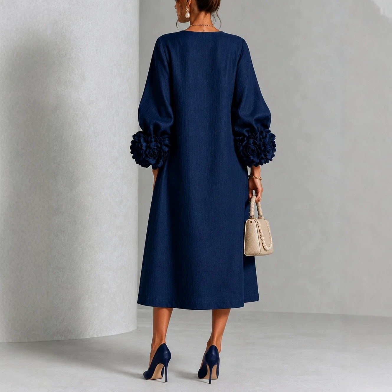 French 3D Floral Lantern Sleeve Cotton Linen Midi Dress