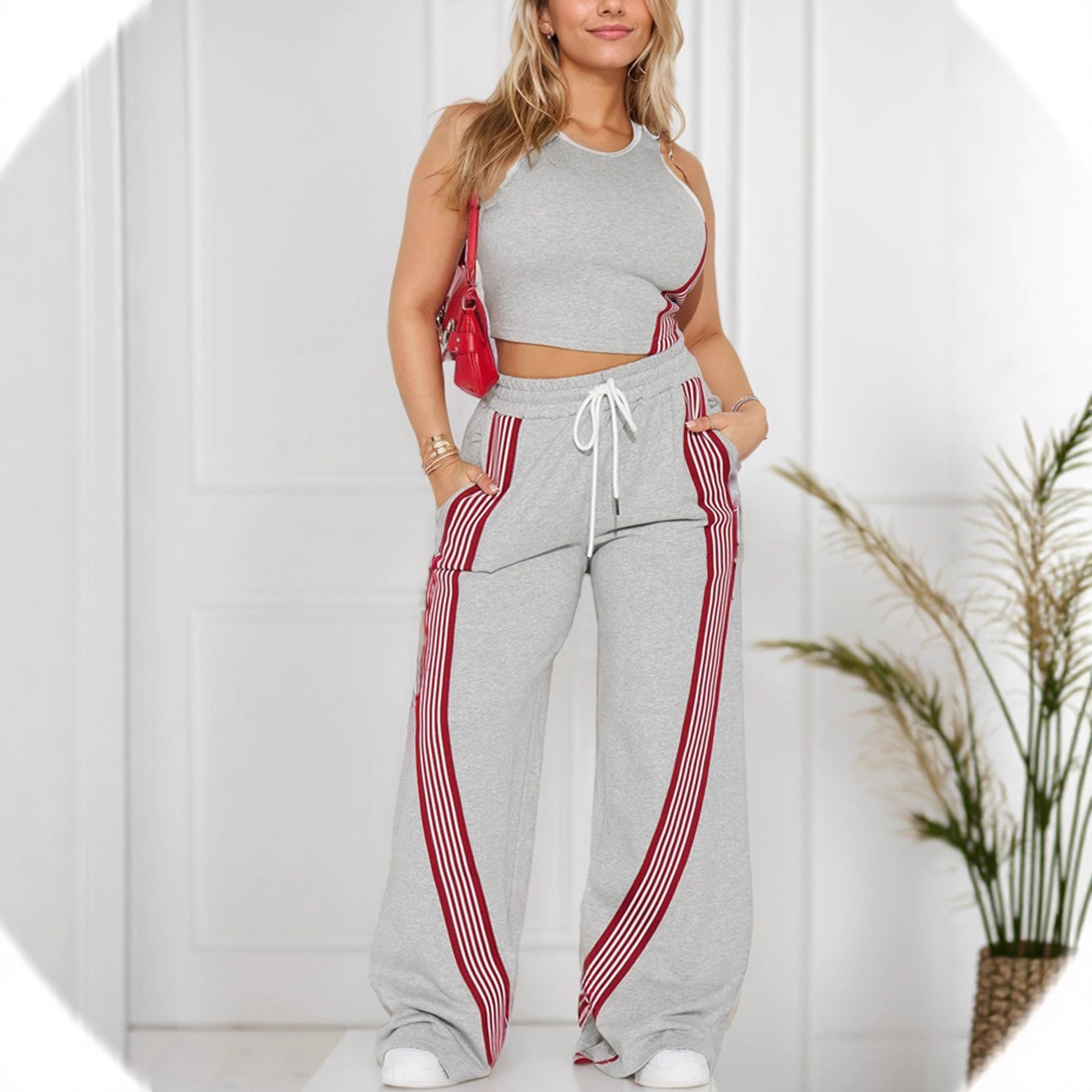 Women's Sleeveless Tank Top and Straight-Leg Pants Set with Ribbon Trim