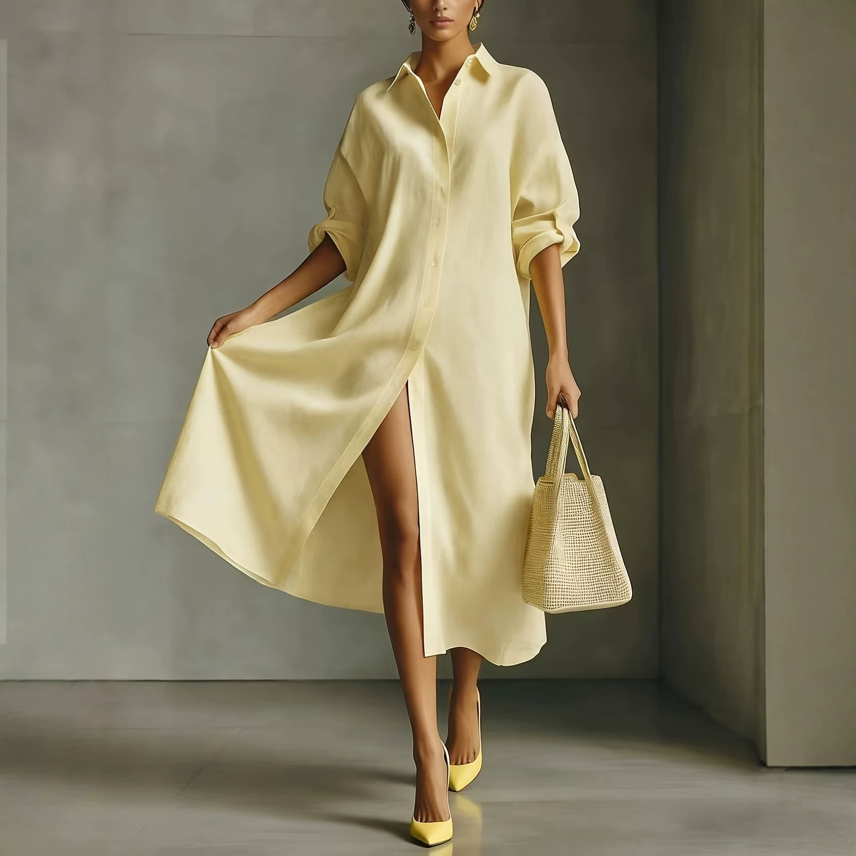 Relaxed Cotton-Blend Shirt Dress Long Sleeve Collared Button-Front Midi